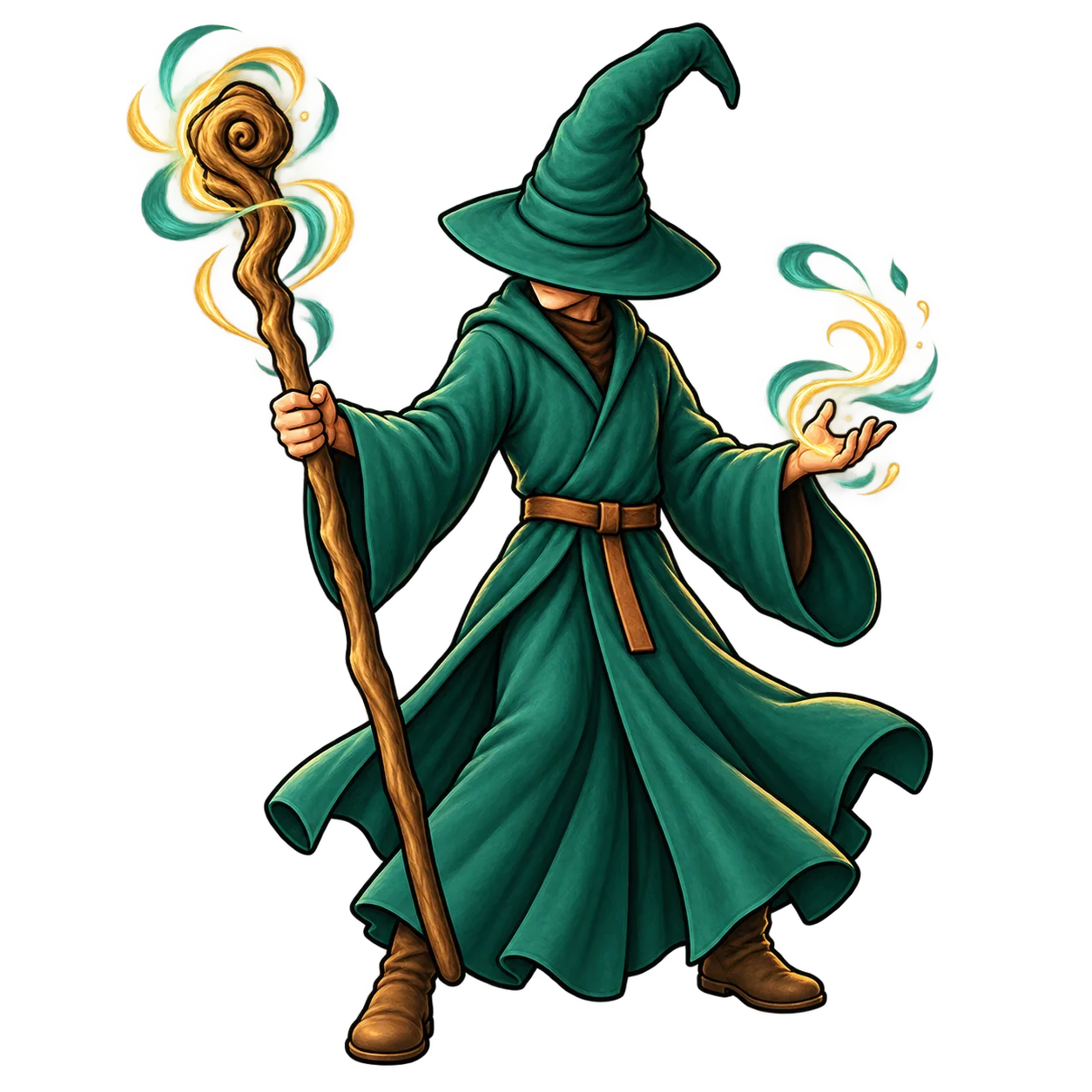 The Artifex wizard in a green robe, holding a wooden staff with gold and teal wisps of magic.